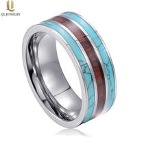 China Popular 8mm High Polished Flat Tungsten Carbide Wedding Bands with Turquoise and Wood Inlay China Factory manufacturer