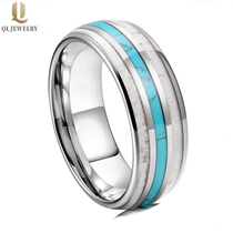 China Amazing 8mm High Polished Domed Tungsten Carbide Wedding Bands with Antler and Turquoise and Wood Inlay China Manufacturer manufacturer