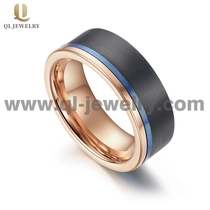 China High Quality 8mm Tri-Tone Mens Wedding Bands Men\'s Black Carbon Fiber and Blue Rose Gold Tungsten Carbide Wedding Band China Manufacturer manufacturer