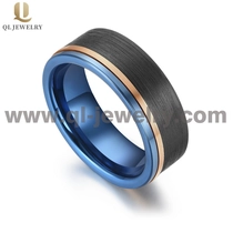 China High Quality 8mm Three Toned Mens Wedding Bands Men\'s Black Carbon Fiber and Blue Rose Gold Tungsten Carbide Wedding Band China Manufacturer manufacturer