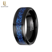 porcelana China Alianzas de boda de tungsteno para hombre de nuevo estilo de 8 mm de alto pulido Bordes planos y biselados Alianzas de boda de carburo de tungsteno negro con incrustaciones de ópalo azul Fabricantes fabricante
