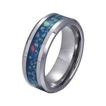 porcelana Venta al por mayor de alianzas de boda de tungsteno para hombres o mujeres unisex de 8 mm de alto pulido Anillo de carburo de tungsteno con bordes biselados y planos con incrustaciones de ópalo azul Fabricantes fabricante