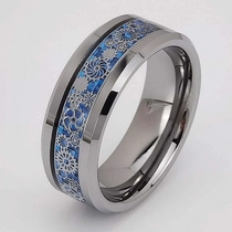China Tungsten Ring in Stock Popular 8mm Men's Flat High polished Tungsten Carbide Ring Satin Dark Blue Carbon Fiber and Silver Gear inlay China Manufacturer manufacturer