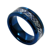 China Tungsten Ring in Stock Popular 8mm High polished Blue Plating Men's Flat Beveled Edges Tungsten Carbide Ring with Silver Dragon and Blue Carbon Fiber inlay China Manufacturer manufacturer