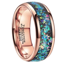 China Modern Unique Designs 8mm Galaxy Tungsten Ring High Polished Men's Tungsten Wedding Bands Rose Gold Tungsten Carbide Wedding Bands with Black Sandstone and Opal Inlay China Manufacturer manufacturer