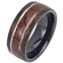 China High Quality and Affordable Mens Wedding Bands 8mm Flat and Hammered Black and Rose Gold Tungsten Carbide Ring with Black Sandstone and Gemstone Malachite and Tiger's-eye Inlay China Manufacturer manufacturer