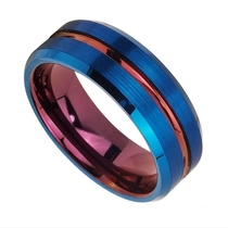 China Hohe Qualität und erschwingliche Eheringe für Herren 8 mm Blau und Lila Flache und abgeschrägte Kanten Wolframkarbidring China Hersteller Hersteller