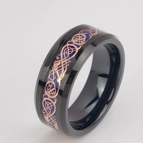 China Tungsten Ring in Stock 8mm High polished Flat and Beveled Edges Black Tungsten Carbide Ring Inlay with Rose Gold Dragon and Blue Background China Manufacturer manufacturer
