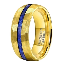 China Unique And Affordable Tungsten Weddings Bands 8mm Domed and Hammered Gold Tungsten Carbide Ring with Crushed Lapis inlay China Manufacturer manufacturer