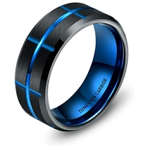China Luxuriöser und einzigartiger zweifarbiger Wolframkarbidring 8 mm flache und abgeschrägte Kanten gebürsteter gerillter schwarzer und blauer Wolframkarbidring China Hersteller Hersteller