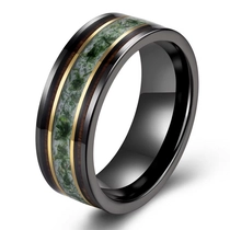 China Newest Design High Polished 8mm Green Moss Agate and Wood Inlay Black Plated Tungsten Wedding Ring for Men China Manufacturer manufacturer