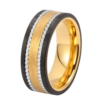 China Mens Black Carbon Fiber and Gold Plated Tungsten Carbide Combined Wedding Ring with Two Grooved Stepped Stripes China Manufacturer manufacturer