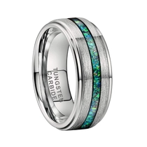China Newest Design Men's Wedding Bands 8mm Flat and Stepped Edges Mix Brushed Tungsten Carbide Ring with Green Opal Inlay China Factory manufacturer