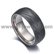 China Simple and Unique Solid Forged 8mm Engraved Tyre Pattern Black Carbon Fiber and Titanium Ring Black Tyre Wedding Bands manufacturer