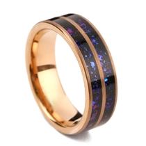 China Wholesale 8mm Double-Grooved Band with Black Goldstone & Opal Inlay | Rose Gold Electroplated & Matte Sandblasted Finish Tungsten Wedding Band China Manufacturer manufacturer