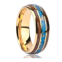China Premium 8mm Tungsten Carbide Ring with Wood & Turquoise Inlay - 18K Gold Plated | Wholesale Manufacturer manufacturer