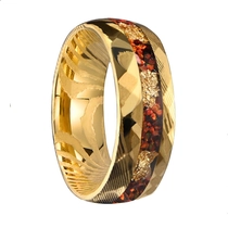 China Bulk Custom Damascus Steel Wedding Rings | Gold Electroplate & Red Opal Inlay manufacturer