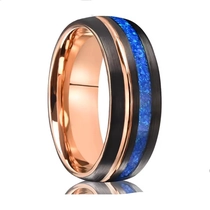 China Premium 8mm Two-Tone Black & Rose Gold Tungsten Carbide Men's Ring with Blue Opal | Bulk Manufacturer manufacturer