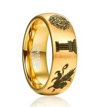China Fabrik-Großhandel mit 8 mm gebürstetem, vergoldetem Wolframcarbid-Ring, lasergravierter Herren-Ehering mit Löwen-, Säulen- und Greif-Mythos-Muster, individuelle innere Lasergravur, OEM-ODM-Großlieferung Hersteller