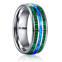 China Fabrikgroßhandel mit 8 mm poliertem Silber-Wolframkarbid-Ring, zentraler Einlage aus zerkleinertem blauem Opal mit synthetischem Malachitstreifen, Herren-Ehering, individuelle innere Lasergravur, OEM-ODM-Großlieferung Hersteller