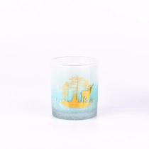 China Wholesale gradient blue color with gold christmas pattern on the 8oz glass candle holder for home deco manufacturer