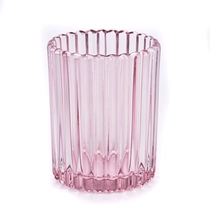 China Luxury 300ml transparent pink on vertical line glass candle holder for supplier manufacturer