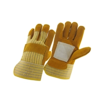 China China golden yellow cow split leather grey reinforcement palm working glove factory, genuine leather labor glove supplier, safety glove manufacturer manufacturer