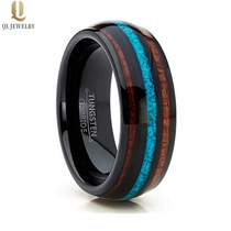 China Popular 8mm High Polished Domed Black Tungsten Carbide Wedding Bands with Turquoise Shell and Wood Inlay China Manufacturer manufacturer