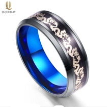China Amazing Two Toned Mens Wedding Bands Black and Blue Tungsten Carbide Ring with Silver Chinese Dragon and Black Carbon Fiber Inlay China Manufacturer manufacturer
