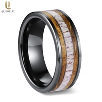 China Amazing 8mm Mens Tungsten Wedding Bands Black Tungsten Carbide Ring with Whisky Barrel Wood and Antler Inlay China Manufacturer manufacturer