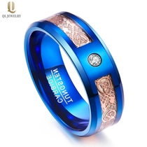 China Hotsale Herren Ehering Bands Blauer Wolframkarbidring mit leuchtendem Roségold Celtic Dragon Inlay und 1 weißer CZ-Stein China-Hersteller Hersteller
