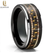 China Popular 8mm Men's Tungsten Wedding Bands Flat and Beveled Edges Black Tungsten Carbide Ring with Antler and Black and Yellow Carbon Fiber Inlay China Manufacturer manufacturer