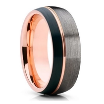 China Einzigartiger 8 mm dreifach getönter Wolframkarbidring Schwarzer, matt gebürsteter Wolframring, dünne Seite, Roségold, Rillenlinie, Kuppelform, Rand, bequemer Sitz China-Lieferant Hersteller