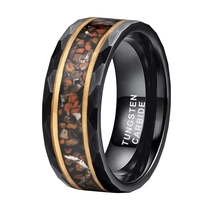 China QL Jewelry High Quality  Black and Rose Gold Hammered Tungste Wedding Bands Inlaid with Dinosaur Bone Chips China Manufacturer manufacturer