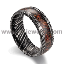 China Unique Design Black Damascus Steel Wedding Bands Domed Black Damascus Steel Ring with Red Opal Inlay China Factory manufacturer