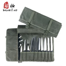 China China factory high quality pitch green 10 slot Waxed canvas chef knife roll bag for sale manufacturer