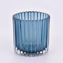 China wholesale Modern Ribbed Glass Candle Vessels with blue color decor manufacturer