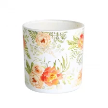 China spray color milk white candle glass jars with custom full color flower pattern decals printed and lid manufacturer