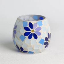 China wholesale glass mosaic surface white and blue Floral leaf pattern candle jar set manufacturer
