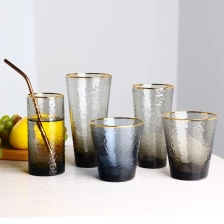 China Colored deep grey and blue gold rim hammer highball glass cup cocktail glass tumbler set of 5 manufacturer