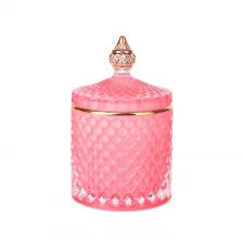 China 3oz 8oz 16oz colored pink geo cut glass candle jar with gold tip lid manufacturer