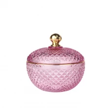 China 4oz 10oz colored transparent pink geo cut diamond faceted glass candle jar with gold tip lid manufacturer