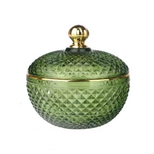 China 4oz 10oz colored transparent olive green geo cut diamond faceted glass candle jar with gold tip lid manufacturer