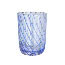 China Lead free crystal 400ml 14oz striped blue glass tumbler cup manufacturer