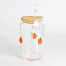 China Handmade High Borosilicate 16oz 500ml Inlay Pumpkin Halloween Decor Glass Tumbler with Bamboo Lid and Straw BPA-free Reusable Smoothie and Coffee Cup manufacturer