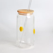 China Reusable Eco-friendly Clear 3D Inlay Lemon Decor 16oz 500ml Glass Drinking Tumbler with Bamboo Lid for Smoothies manufacturer