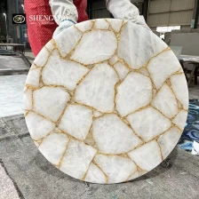 China Solid Surface White Crystal Quartz Round Table Top With Gold Foil manufacturer