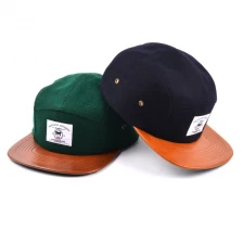 中国 皮革帽沿金属羊毛5面板帽设计标志定制 制造商