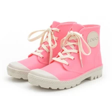 China HFB-004 pink color lace up ladies ankle rain boots shoes manufacturer