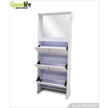 China Durable wooden trapezoid shoe cabinet with mirror save space with 3 shoe shelf storage cabinet. manufacturer